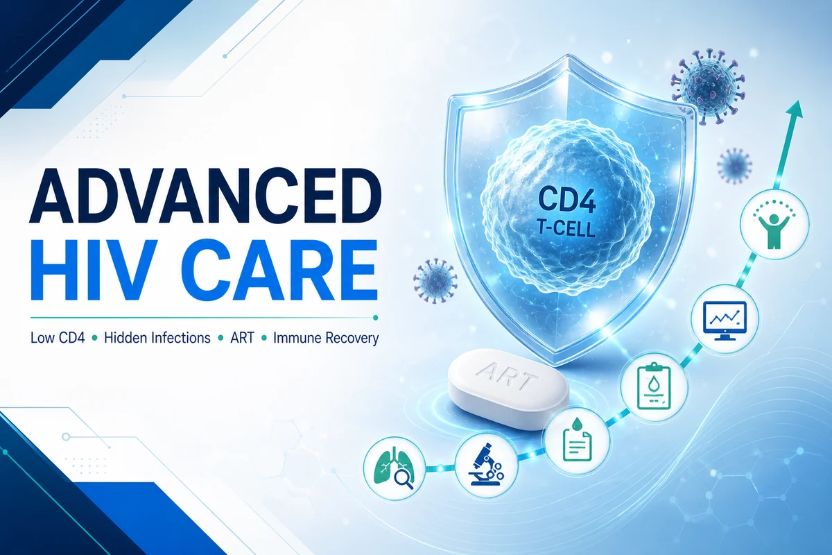 Advanced HIV care poster showing low CD4 count, opportunistic-infection screening, antiretroviral therapy and immune recovery