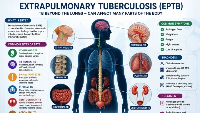Infographic of extrapulmonary tuberculosis affecting organs beyond the lungs