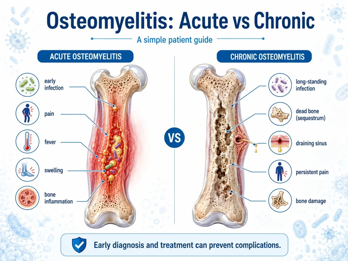 Side-by-side illustration comparing acute osteomyelitis, showing early infection with pain, fever, swelling and bone inflammation, against chronic osteomyelitis, showing long-standing infection, dead bone or sequestrum, a draining sinus, persistent pain and bone damage