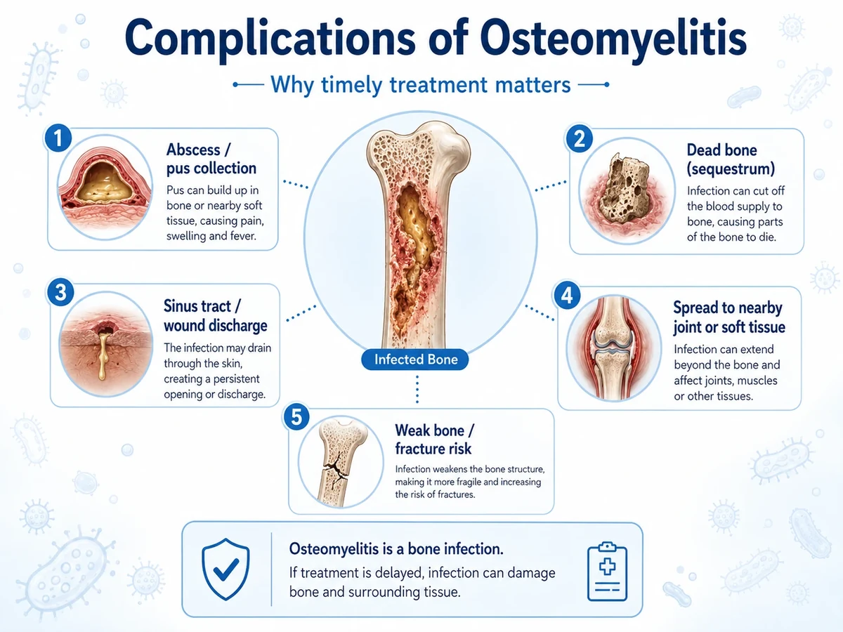 Infographic showing five complications of untreated osteomyelitis around a central infected bone: abscess or pus collection, dead bone or sequestrum, sinus tract with wound discharge, spread to a nearby joint or soft tissue, and weakened bone with fracture risk