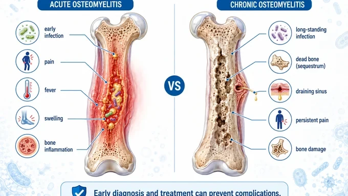 Illustration comparing acute and chronic osteomyelitis bone infection