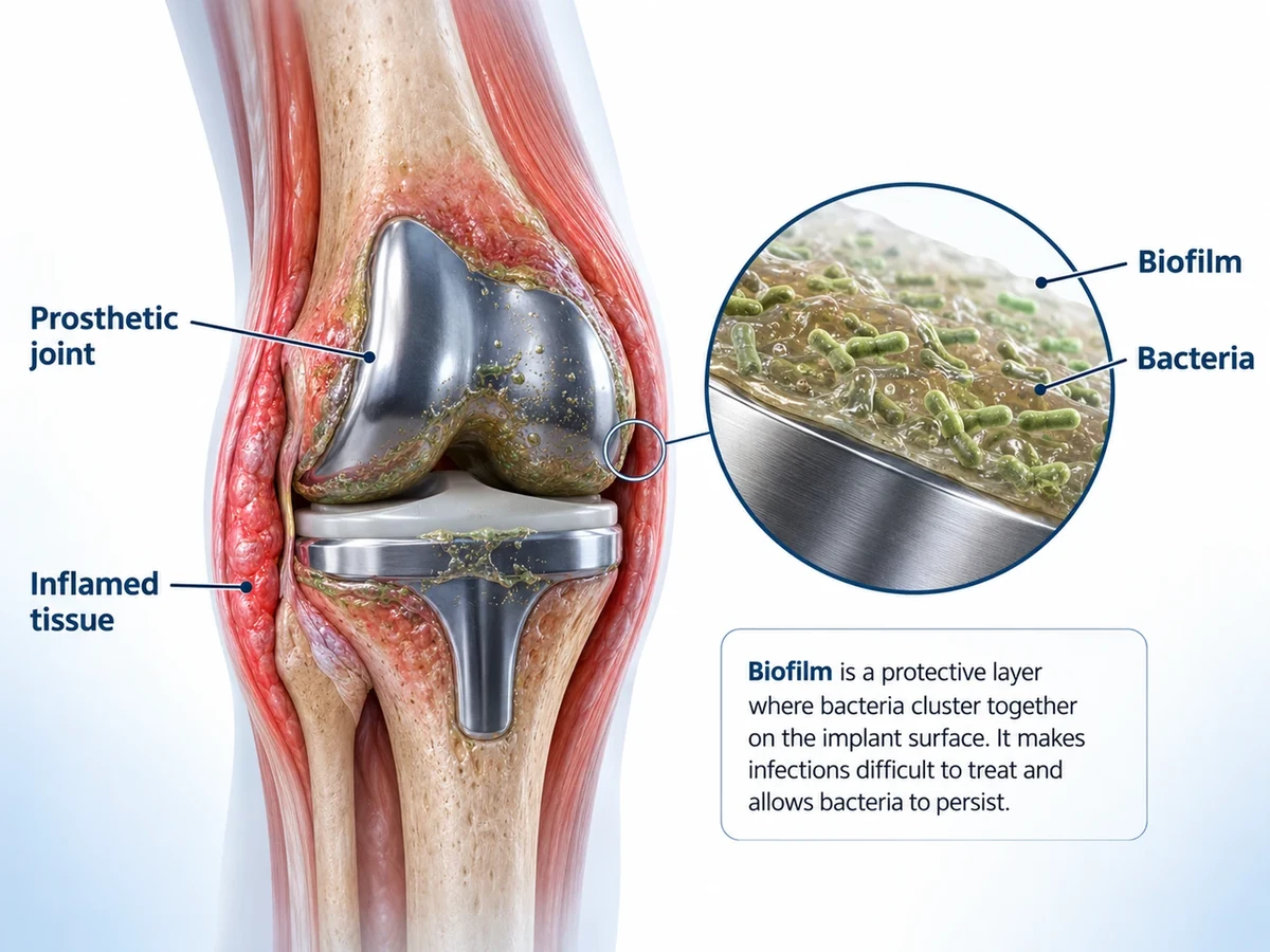Medical illustration of an infected knee replacement showing the prosthetic joint, inflamed surrounding tissue, and a magnified view of bacteria embedded in biofilm on the metal implant surface