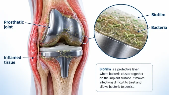 Infected knee replacement showing bacteria and biofilm on the implant surface