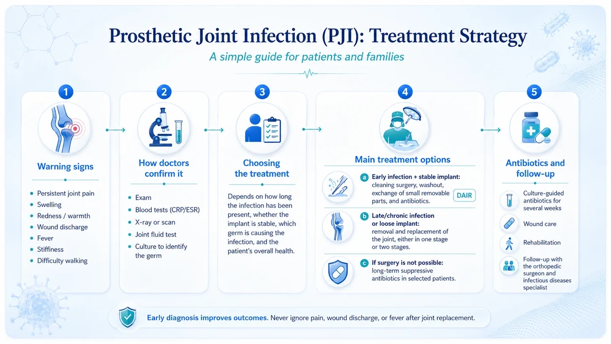 Infographic showing the five-step prosthetic joint infection treatment pathway: warning signs, how doctors confirm the diagnosis, choosing the treatment, main treatment options including DAIR and one or two stage revision, and antibiotics with follow-up