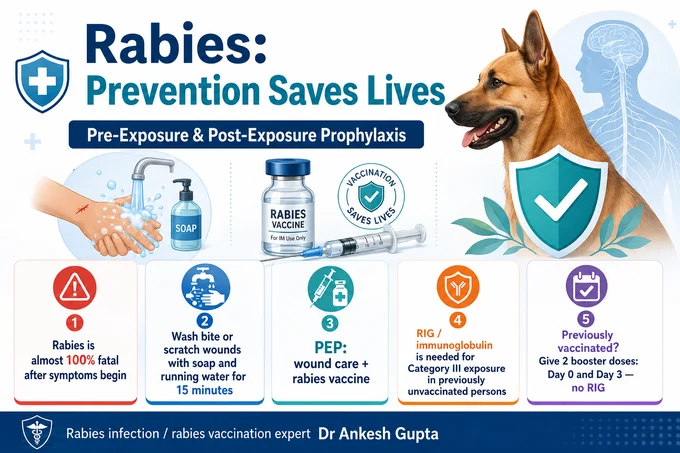 Rabies prevention poster explaining dog bite wound washing, anti-rabies vaccination, post-exposure prophylaxis, rabies immunoglobulin and booster doses