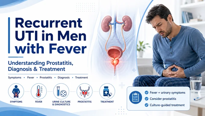 Recurrent urinary tract infection in a man with fever and prostatitis, showing kidneys, bladder, prostate, urine culture and treatment